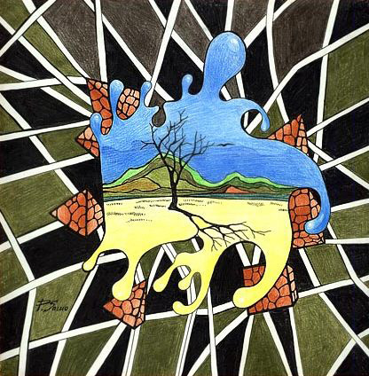 Иллюстрация.  Автор:  Петровская Александра.  Название:  Дерево и птица в квадратно треугольном пространстве.  Источник:  http://artnow.ru/ru/gallery/2/1955/picture/0/17112.html