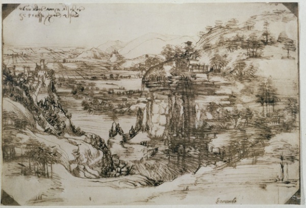 Леонардо да Винчи. Набросок реки Арно. 1473. Перо, чернила.