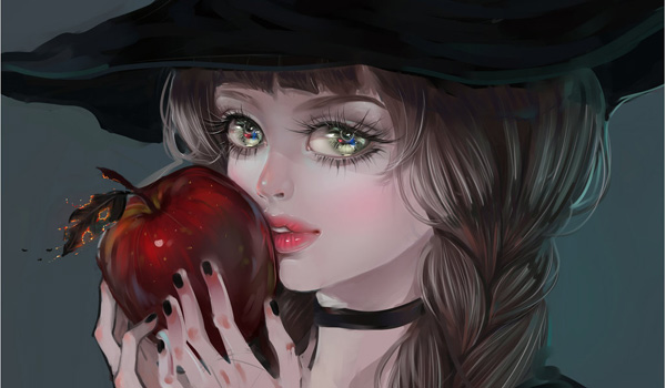 Иллюстрация. Название: «Фото Девушка в чёрной шляпе, держит в руках яблоко». Автор: MoonSelena. Источник: https://photo.99px.ru/photos/download/261796/