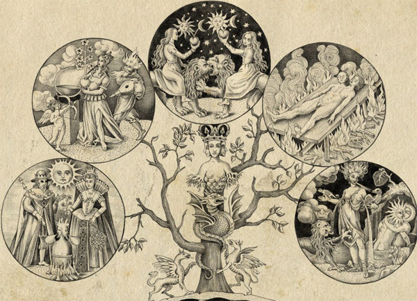 Иллюстрация. Автор: не указан. Название: «Дерево с эмблемами, изображающими этапы алхимической работы» (фрагмент гравюры). Источник: https://ignat-dvornik.livejournal.com/1244433.html