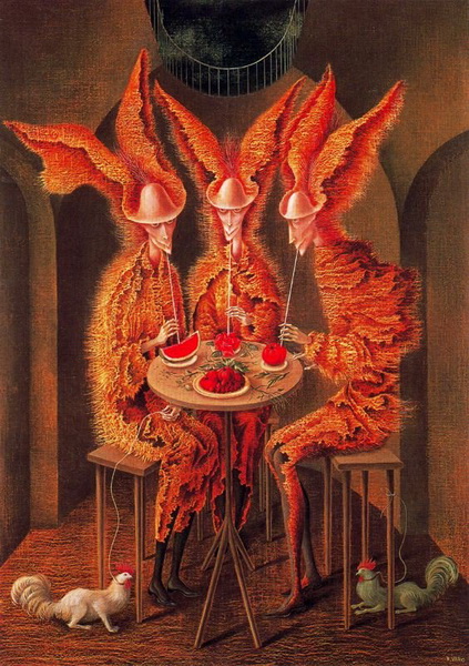 Иллюстрация. Название: «Трое крылатых за столом». Автор: Ремедиос Варо (художник). Источник: Pinterest.com